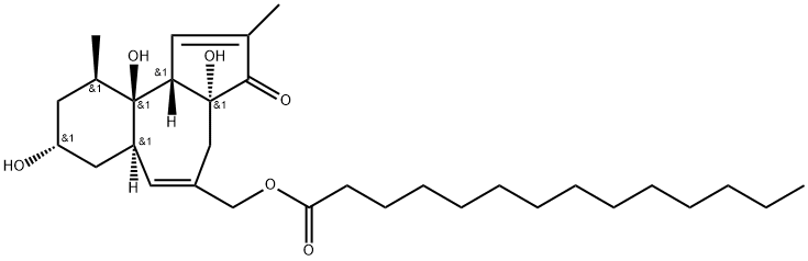 Myristic acid [(3aR)-3,3a,4,6aα,7,8,9,10,10a,10bβ-decahydro-3aα,8α,10aβ-trihydroxy-2,10β-dimethyl-3-oxobenz[e]azulen-5-yl]methyl ester Structure