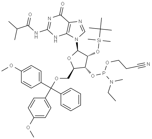 N-isobutyryl-5'-O-(4,4'-dimethoxytrityl)-2'-O-TBDMS-guanosine-3'-O-[O-(2-cyanoethyl)-N,N-ethylmethylphosphoramidite Structure