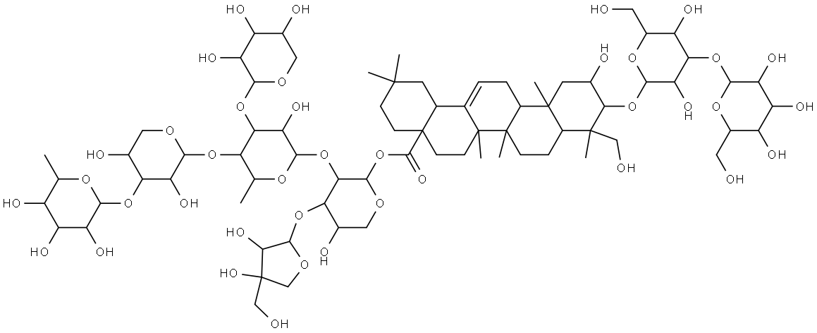 Olean-12-en-28-oic acid, 3-[(3-O-β-D-glucopyranosyl-β-D-glucopyranosyl)oxy]-2,23-dihydroxy-, O-D-apio-β-D-furanosyl-(1→3)-O-[O-6-deoxy-α-L-mannopyranosyl-(1→3)-O-β-D-xylopyranosyl-(1→4)-O-[β-D-xylopyranosyl-(1→3)]-6-deoxy-α-L-mannopyranosyl-(1→2)]arabinopyranosyl ester, (2β,3β,4α)- Structure