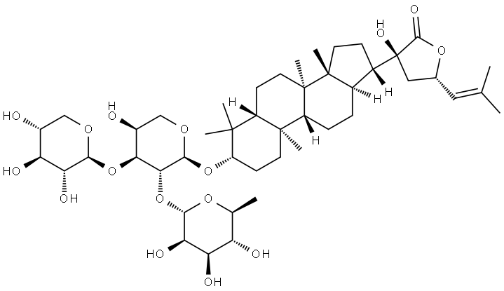 (3β,20S,23S)-3,20,23-trihydroxydammar-24-en-21-oic acid-21,23-lactone 3-O-[α-L-rhamnopyranosyl-(1→2)]-[β-D-xylopyranosyl(1→3)]-α-L-arabinopyranoside Structure