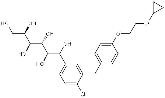 (2S,3R,4R,5R)-1-(4-chloro-3-(4-(2-cyclopropoxyethoxy)benzyl)phenyl)hexane-1,2,3,4,5,6-hexaol Structure