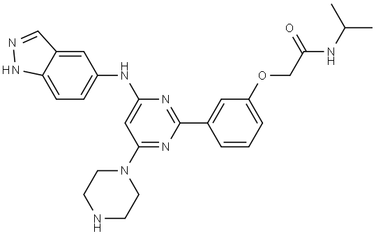 2-(3-(4-((1H-indazol-5-yl)amino)-6-(piperazin-1-yl)pyrimidin-2-yl)phenoxy)-N-isopropylacetamide Structure