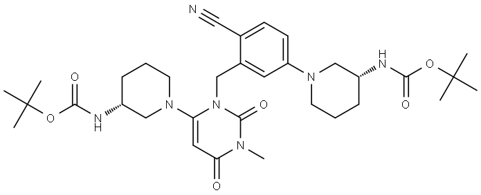 Carbamic acid, N-[(3R)-1-[4-cyano-3-[[6-[(3R)-3-[[(1,1-dimethylethoxy)carbonyl]amino]-1-piperidinyl]-3,4-dihydro-3-methyl-2,4-dioxo-1(2H)-pyrimidinyl]methyl]phenyl]-3-piperidinyl]-, 1,1-dimethylethyl ester Structure