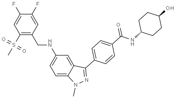 Benzamide, 4-[5-[[[4,5-difluoro-2-(methylsulfonyl)phenyl]methyl]amino]-1-methyl-1H-indazol-3-yl]-N-(trans-4-hydroxycyclohexyl)- Structure