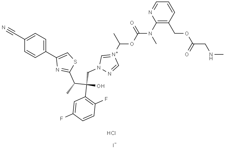 1-((2R,3S)-3-(4-(4-Cyanophenyl)thiazol-2-yl)-2-(2,5-difluorophenyl)-2-hydroxybutyl)-4-(1-((methyl(3-(((methylglycyl)oxy)methyl)pyridin-2-yl)carbamoyl)oxy)ethyl)-1H-1,2,4-triazol-4-ium Iodide Hydrochloride Structure
