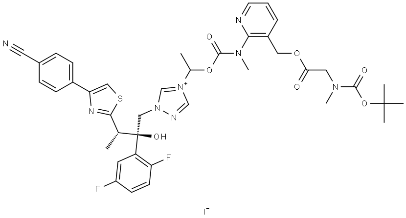 4-(1-(((3-(((N-(Tert-butoxycarbonyl)-N-methylglycyl)oxy)methyl)pyridin-2-yl)(methyl)carbamoyl)oxy)ethyl)-1-((2R,3S)-3-(4-(4-cyanophenyl)thiazol-2-yl)-2-(2,5-difluorophenyl)-2-hydroxybutyl)-1H-1,2,4-triazol-4-ium Iodide Structure