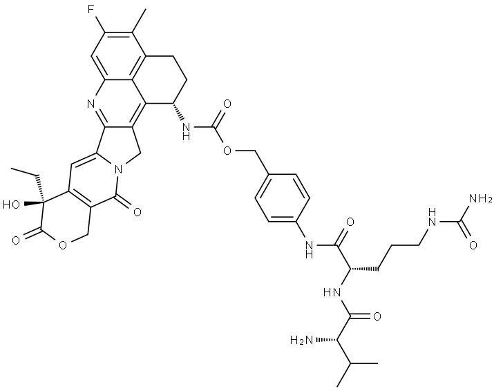 L-Ornithinamide, L-valyl-N5-(aminocarbonyl)-N-[4-[[[[[(1S,9S)-9-ethyl-5-fluoro-2,3,9,10,13,15-hexahydro-9-hydroxy-4-methyl-10,13-dioxo-1H,12H-benzo[de]pyrano[3′,4′:6,7]indolizino[1,2-b]quinolin-1-yl]amino]carbonyl]oxy]methyl]phenyl]- Structure
