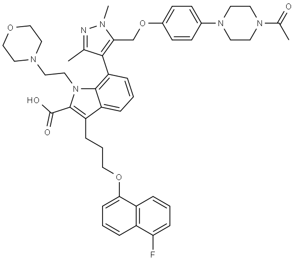 1H-Indole-2-carboxylic acid, 7-[5-[[4-(4-acetyl-1-piperazinyl)phenoxy]methyl]-1,3-dimethyl-1H-pyrazol-4-yl]-3-[3-[(5-fluoro-1-naphthalenyl)oxy]propyl]-1-[2-(4-morpholinyl)ethyl]- Structure