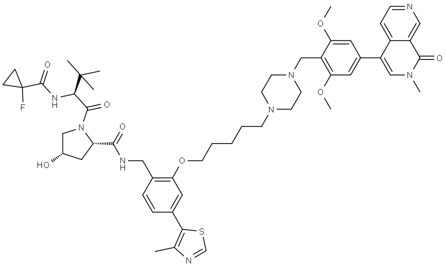L-Prolinamide, N-[(1-fluorocyclopropyl)carbonyl]-3-methyl-L-valyl-N-[[2-[[5-[4-[[4-(1,2-dihydro-2-methyl-1-oxo-2,7-naphthyridin-4-yl)-2,6-dimethoxyphenyl]methyl]-1-piperazinyl]pentyl]oxy]-4-(4-methyl-5-thiazolyl)phenyl]methyl]-4-hydroxy-, (4S)- Structure
