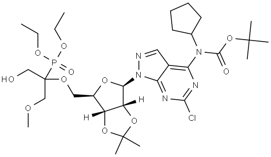 Carbamic acid, N-[6-chloro-1-[5-O-[1-(diethoxyphosphinyl)-2-hydroxy-1-(methoxymethyl)ethyl]-2,3-O-(1-methylethylidene)-β-D-ribofuranosyl]-1H-pyrazolo[3,4-d]pyrimidin-4-yl]-N-cyclopentyl-, 1,1-dimethylethyl ester Structure