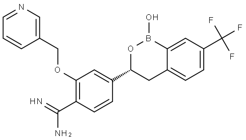 Benzenecarboximidamide, 4-[(3R)-3,4-dihydro-1-hydroxy-7-(trifluoromethyl)-1H-2,1-benzoxaborin-3-yl]-2-(3-pyridinylmethoxy)- Structure