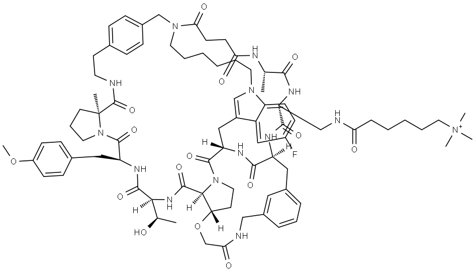L-Proline, L-alanyl-3-[[1-oxo-6-(trimethylammonio)hexyl]amino]-D-alanyl-3-[[(2-hydroxyacetyl)amino]methyl]-L-phenylalanyl-1-[6-[[[4-(2-aminoethyl)phenyl]methyl](3-carboxy-1-oxopropyl)amino]hexyl]-5-fluoro-L-tryptophyl-(3S)-3-hydroxy-L-prolyl-L-threonyl-O-methyl-L-tyrosyl-2-methyl-, (4→1),(8→4)-dilactam, cyclic (3→5)-ether Structure