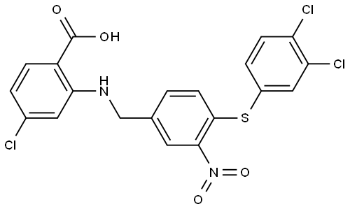 Benzoic acid, 4-chloro-2-[[[4-[(3,4-dichlorophenyl)thio]-3-nitrophenyl]methyl]amino]- Structure