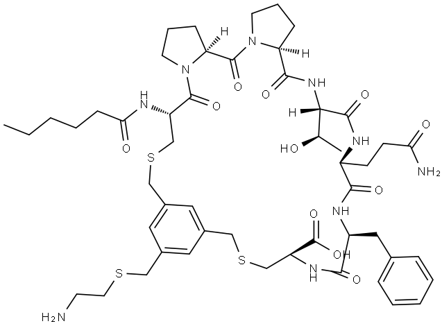 L-Cysteine, S-[[3-[[(2-aminoethyl)thio]methyl]-5-(mercaptomethyl)phenyl]methyl]-N-(1-oxohexyl)-L-cysteinyl-L-prolyl-L-prolyl-L-threonyl-L-glutaminyl-L-phenylalanyl-, cyclic (1→7)-thioether Structure