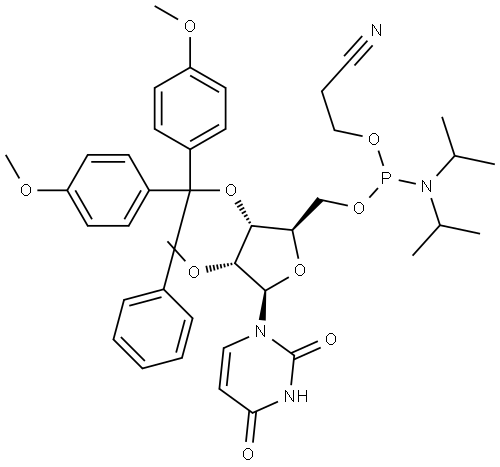 3-[[(2R,3R,4R,5R)-3-[bis(4-methoxyphenyl)-phenyl-methoxy]-5-(2,4-dioxopyrimidin-1-yl)-4-methoxy-tetrahydrofuran-2-yl]methoxy-(diisopropylamino)phosphanyl]oxypropanenitrile Structure