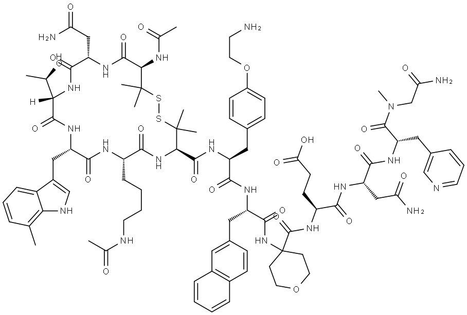 Glycinamide, N-acetyl-3-mercapto-L-valyl-L-asparaginyl-L-threonyl-7-methyl-L-tryptophyl-N6-acetyl-L-lysyl-3-mercapto-L-valyl-O-(2-aminoethyl)-L-tyrosyl-3-(2-naphthalenyl)-L-alanyl-4-aminotetrahydro-2H-pyran-4-carbonyl-L-α-glutamyl-L-asparaginyl-3-(3-pyridinyl)-L-alanyl-N2-methyl-, cyclic (1→6)-disul… Structure
