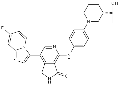 3H-Pyrrolo[3,4-c]pyridin-3-one, 7-(7-fluoroimidazo[1,2-a]pyridin-3-yl)-1,2-dihydro-4-[[4-[(3S)-3-(1-hydroxy-1-methylethyl)-1-piperidinyl]phenyl]amino]- Structure