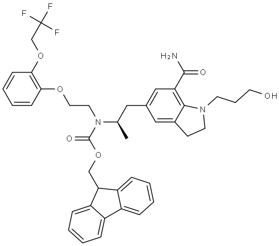 (R)-(9H-fluoren-9-yl)methyl(1-(7-carbamoyl-1-(3-hydroxypropyl)indolin-5-yl)propan-2-yl)(2-(2-(2,2,2-trifluoroethoxy)phenoxy)ethyl)carbamate Structure