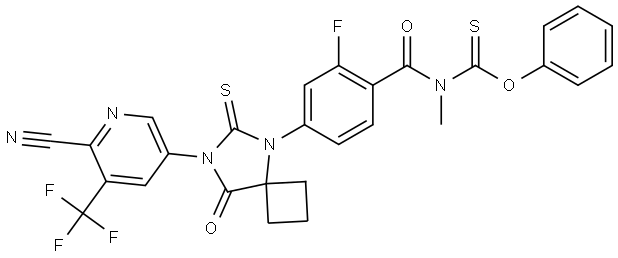 O-phenyl N-[4-[7-[6-cyano-5-(trifluoromethyl)pyridin-3-yl]-8-oxo-6-sulfanylidene-5,7-diazaspiro[3.4]octan-5-yl]-2-fluorobenzoyl]-N-methylcarbamothioate Structure