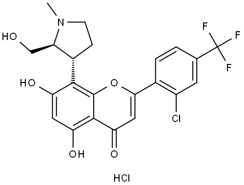 4H-1-Benzopyran-4-one, 2-[2-chloro-4-(trifluoromethyl)phenyl]-5,7-dihydroxy-8-[(2S,3R)-2-(hydroxymethyl)-1-methyl-3-pyrrolidinyl]-, hydrochloride (1:1) Structure