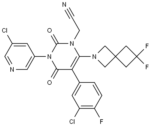 1(2H)-Pyrimidineacetonitrile, 5-(3-chloro-4-fluorophenyl)-3-(5-chloro-3-pyridinyl)-6-(6,6-difluoro-2-azaspiro[3.3]hept-2-yl)-3,4-dihydro-2,4-dioxo- Structure