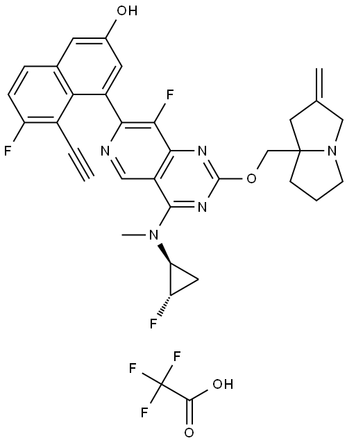 2-Naphthalenol, 5-ethynyl-6-fluoro-4-[8-fluoro-4-[[(1S,2S)-2-fluorocyclopropyl]methylamino]-2-[(tetrahydro-2-methylene-1H-pyrrolizin-7a(5H)-yl)methoxy]pyrido[4,3-d]pyrimidin-7-yl]-, 2,2,2-trifluoroacetate (1:1) Structure