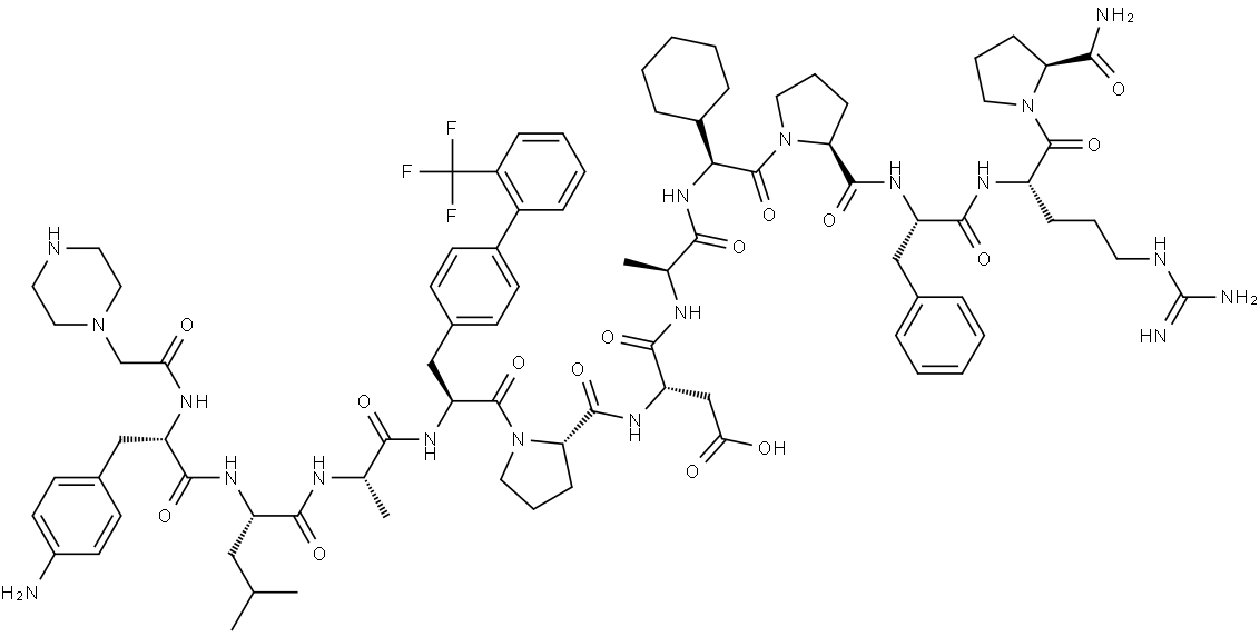 (3S)-3-[[(2S)-1-[(2S)-2-[[(2S)-2-[[(2S)-2-[[(2S)-3-(4-aminophenyl)-2-[(2-piperazin-1-ylacetyl)amino]propanoyl]amino]-4-methylpentanoyl]amino]propanoyl]amino]-3-[4-[2-(trifluoromethyl)phenyl]phenyl]propanoyl]pyrrolidine-2-carbonyl]amino]-4-[[(2S)-1-[[(1S)-2-[(2S)-2-[[(2S)-1-[[(2S)-5-carbamimidamido-1-[(2S)-2-carbamoylpyrrolidin-1-yl]-1-oxopentan-2-yl]amino]-1-oxo-3-phenylpropan-2-yl]carbamoyl]pyrrolidin-1-yl]-1-cyclohexyl-2-oxoethyl]amino]-1-oxopropan-2-yl]amino]-4-oxobutanoic acid Structure