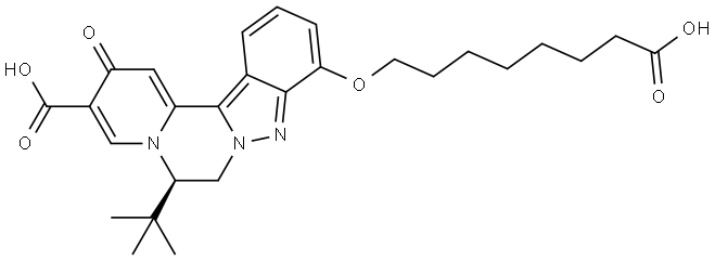 2H-Pyrido[2′,1′:3,4]pyrazino[1,2-b]indazole-3-carboxylic acid, 10-[(7-carboxyheptyl)oxy]-6-(1,1-dimethylethyl)-6,7-dihydro-2-oxo-, (6R)- Structure