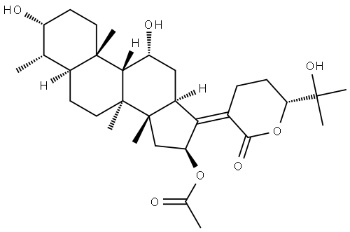 29-Nordammar-17(20)-en-21-oic acid, 16-(acetyloxy)-3,11,24,25-tetrahydroxy-, 21,24-lactone, (3α,4α,8α,9β,11α,13α,14β,16β,17Z,24R)- Structure