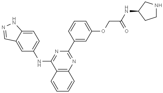 (R)-2-(3-(4-((1H-indazol-5-yl)amino)quinazolin-2-yl)phenoxy)-N-(pyrrolidin-3-yl)acetamide Structure
