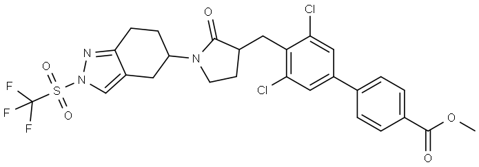 [1,1′-Biphenyl]-4-carboxylic acid, 3′,5′-dichloro-4′-[[2-oxo-1-[4,5,6,7-tetrahydro-2-[(trifluoromethyl)sulfonyl]-2H-indazol-5-yl]-3-pyrrolidinyl]methyl]-, methyl ester Structure