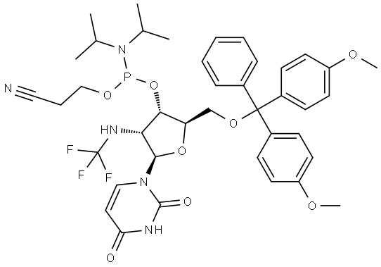 Uridine, 5′-O-[bis(4-methoxyphenyl)phenylmethyl]-2′-deoxy-2′-[(trifluoromethyl)amino]-, 3′-[2-cyanoethyl N,N-bis(1-methylethyl)phosphoramidite] Structure
