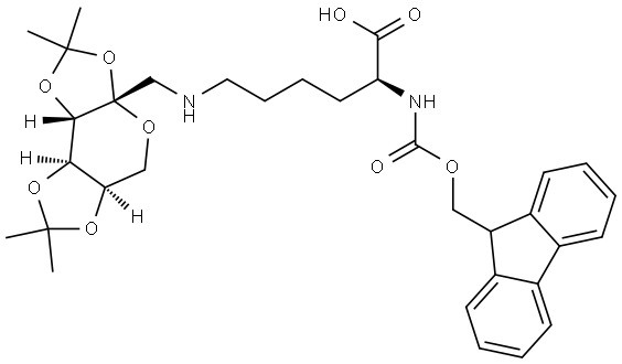 β-D-Fructopyranose, 1-deoxy-1-[[(5S)-5-[[(9H-fluoren-9-ylmethoxy)carbonyl]amino]-6-hydroxy-6-oxohexyl]amino]-2,3:4,5-bis-O-(1-methylethylidene)- Structure