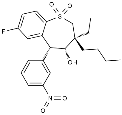 1-Benzothiepin-4-ol, 3-butyl-3-ethyl-7-fluoro-2,3,4,5-tetrahydro-5-(3-nitrophenyl)-, 1,1-dioxide, (3S,4R,5R)- Structure