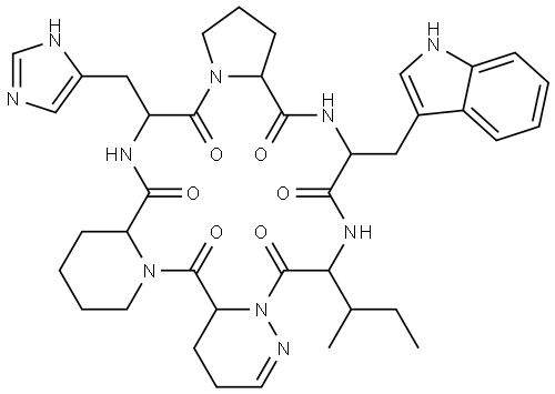 Cyclo[D-histidyl-L-prolyl-D-tryptophyl-L-isoleucyl-(3R)-2,3,4,5-tetrahydro-3-pyridazinecarbonyl-(2S)-2-piperidinecarbonyl] Structure