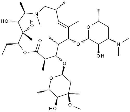 1-Oxa-6-azacyclopentadec-9-en-15-one, 13-[(2,6-dideoxy-3-C-methyl-3-O-methyl-α-L-ribo-hexopyranosyl)oxy]-2-ethyl-3,4-dihydroxy-3,5,6,8,10,12,14-heptamethyl-11-[[3,4,6-trideoxy-3-(dimethylamino)-β-D-xylo-hexopyranosyl]oxy]-, (2R,3S,4R,5R,8R,9E,11R,12S,13S,14R)- Structure