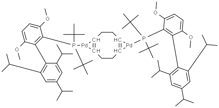 Palladium, [μ-[(1,2-η:5,6-η)-1,5-cyclooctadiene]]bis[[3,6-dimethoxy-2′,4′,6′-tris(1-methylethyl)[1,1′-biphenyl]-2-yl]bis(1,1-dimethylethyl)phosphine-κP]di- (ACI) Structure
