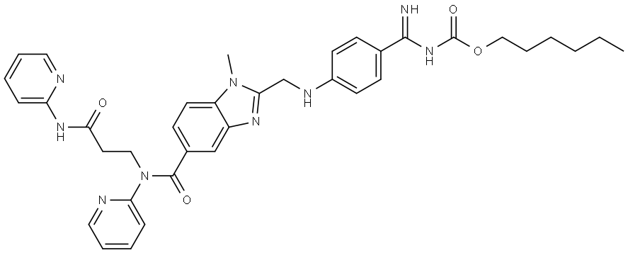 hexyl (imino(4-(((1-methyl-5-((3-oxo-3-(pyridin-2-ylamino)propyl)(pyridin-2-yl)carbamoyl)-1H-benzo[d]imidazol-2-yl)methyl)amino)phenyl)methyl)carbamate Structure