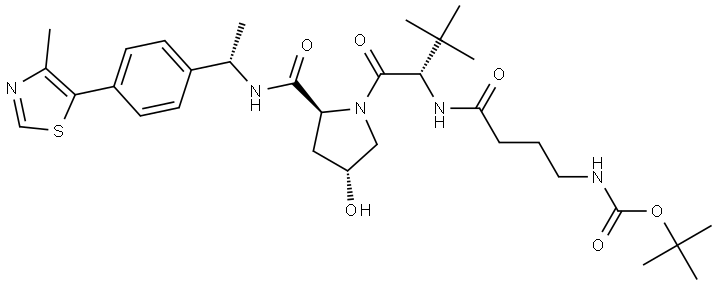 tert-butyl (4-(((S)-1-((2S,4R)-4-hydroxy-2-(((S)-1-(4-(4-methylthiazol-5-yl)phenyl)ethyl)carbamoyl)pyrrolidin-1-yl)-3,3-dimethyl-1-oxobutan-2-yl)amino)-4-oxobutyl)carbamate Structure