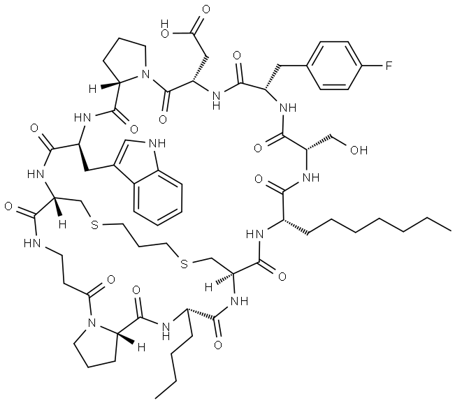 2-[(1S,4S,7S,13S,16S,19S,22S,25R,28S,31S)-28-butyl-16-[(4-fluorophenyl)methyl]-22-heptyl-19-(hydroxymethyl)-4-(1H-indol-3-ylmethyl)-3,6,12,15,18,21,24,27,30,36,40-undecaoxo-42,46-dithia-2,5,11,14,17,20,23,26,29,35,39-undecazatetracyclo[23.15.7.07,11.031,35]heptatetracontan-13-yl]acetic acid Structure