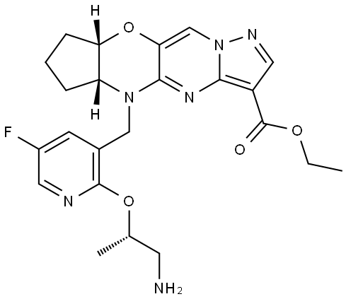 ethyl (5aR,8aS)-5-((2-(((S)-1-aminopropan-2-yl)oxy)-5-fluoropyridin-3-yl)methyl)-5,5a,6,7,8,8a-hexahydrocyclopenta[b]pyrazolo[1',5':1,2]pyrimido[4,5-e][1,4]oxazine-3-carboxylate Structure