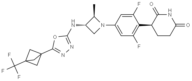 (S)-3-(2,6-difluoro-4-((2R,3S)-2-methyl-3-((5-(3-(trifluoromethyl)bicyclo[1.1.1]pentan-1-yl)-1,3,4-oxadiazol-2-yl)amino)azetidin-1-yl)phenyl)piperidine-2,6-dione Structure