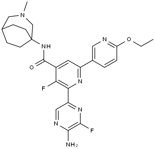 6-(5-amino-6-fluoropyrazin-2-yl)-6'-ethoxy-5-fluoro-N-(2-methyl-2- azabicyclo|2.2.2octan-4-yl)-[2,3'-bipyridine]-4-carboxamide Structure