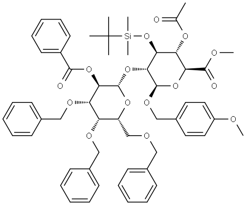 O-4-methoxybenzyl-O-[(2-O-benzoyl-3,4,6-tri-O-benzyl-β-D-galactopyranosyl)-(1->2)]-6-O-methyl-4-O-acetyl-3-O-(tert-butyldimethylsilyl)-β-D-glucuronate Structure