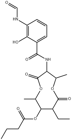 8-ethyl-3-[[3-(formylamino)salicyloyl]amino]-2,6-dimethyl-4,9-dioxo-1,5-dioxonan-7-yl butyrate Structure
