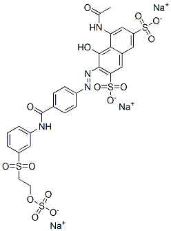trisodium 5-(acetylamino)-4-hydroxy-3-[[4-[[[3-[[2-(sulphonatooxy)ethyl]sulphonyl]phenyl]amino]carbonyl]phenyl]azo]naphthalene-2,7-disulphonate Structure