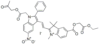 5-[(2-ethoxy-2-oxoethoxy)carbonyl]-1,3,3-trimethyl-2-[2-[5-nitro-1-[2-oxo-2-(2-oxopropoxy)ethyl]-2-phenyl-1H-indol-3-yl]vinyl]-3H-indolium iodide Structure