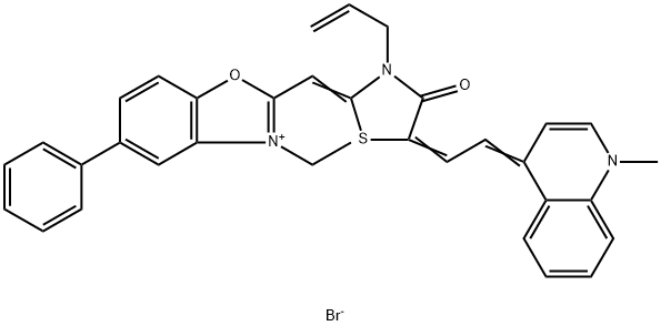 2-[[3-allyl-5-[(1-methyl-1H-quinolin-4-ylidene)ethylidene]-4-oxothiazolidin-2-ylidene]methyl]-3-ethyl-5-phenylbenzoxazolium bromide Structure