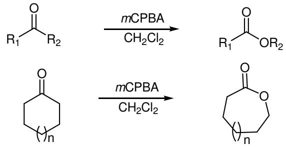 Baeyer–Villiger oxidation of ketones using 3-Chloroperoxybenzoic acid.png Article illustration