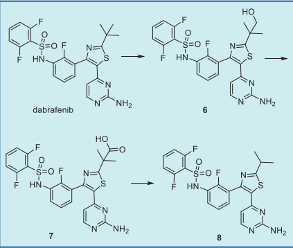 Major metabolic pathway of dabrafenib in humans. Major metabolic pathway of dabrafenib in humans.